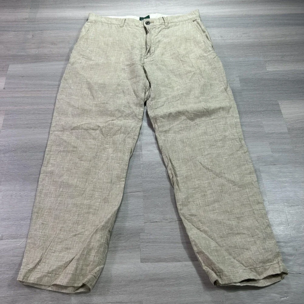J Crew Oarsman Pants Mens 32x30 Beige Linen Plaid Chino Straight Casual